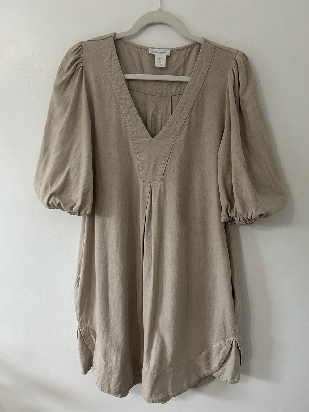 Cynthia Rowley Taupe V-Neck Puff-Sleeve Mini